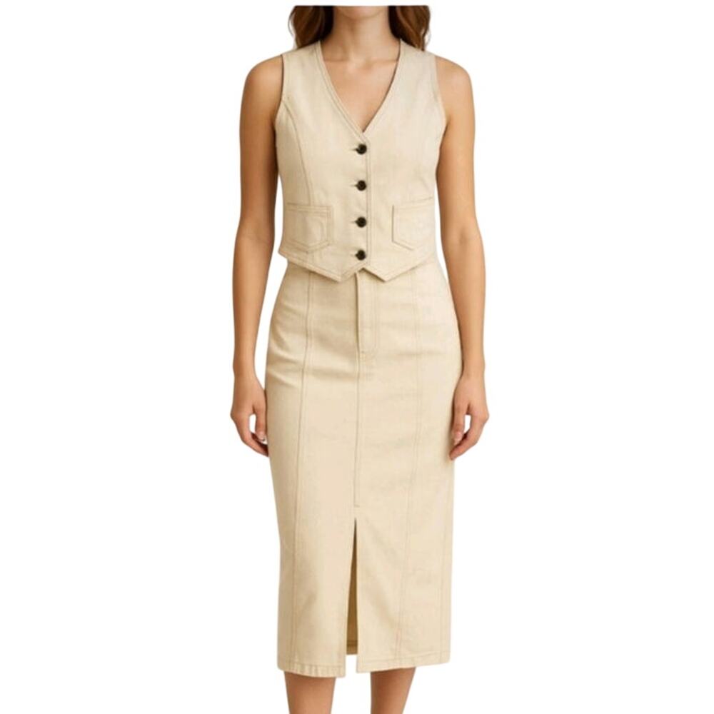 Belle Vere Ivory Cream Stretch Denim Vest & Pencil Skirt Set Large Western Boho